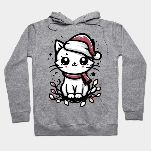 Cute Christmas Cat Santa Hat Christmas Lights Adorable Hoodie by Francois Ringuette